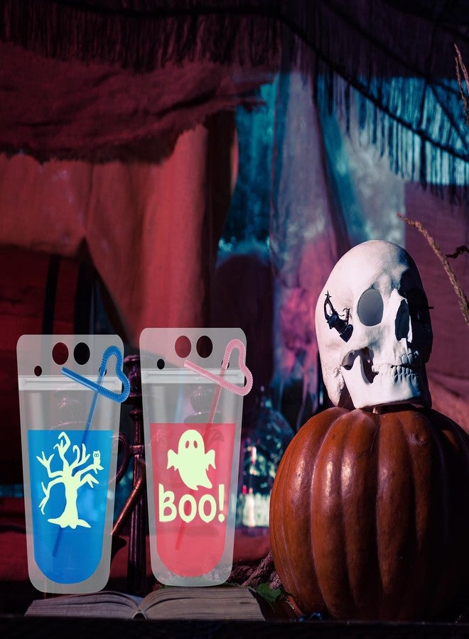 Hotop 36 Pcs Glow In The Dark Halloween Drink Pouches Luminous Beverage Drink Bags with 50 Pcs Straws Spooky Party Decorations Skeleon Ghosts Pumpkin Cups for Halloween Adults Party Favors Accessories - Image 4